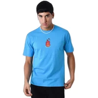Blue Project X Paris T-shirt with red flame emoji design on chest.