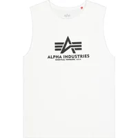 White Alpha Industries tank top with black logo and text on front, sleeveless design.