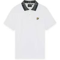 White polo shirt with a black tartan collar, Lyle & Scott logo on chest.