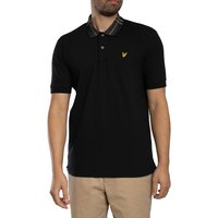 Black polo shirt with tartan collar, short sleeves, and yellow logo on chest by Lyle & Scott.