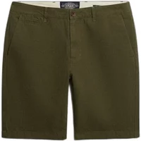 Olive green textured short shino shorts by Superdry Premium with front pockets and button closure.