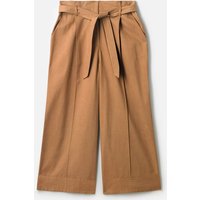 Brown belted culottes with wide legs, pleated front, and side pockets by Thought Earth.