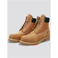 Yellow Timberland Premium 6 Inch Waterproof Boots, size 11, with black padded collar and rugged rubber sole.