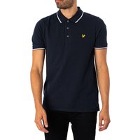 Navy Lyle & Scott tipped polo shirt with white trim, button placket, and yellow eagle logo on chest.