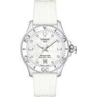 Tissot Seastar 1000 ladies watch, 36mm, white strap, mother-of-pearl diamond dial, silver bezel, date display.