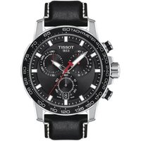 Tissot Supersport Chrono watch, black dial, silver case, black leather strap, red second hand, tachymeter bezel.