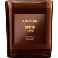 Brown glass Tom Ford Ebene Fume candle with gold label and woody scent description.