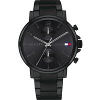 Black Tommy Hilfiger men's watch with round dial, chronograph subdials, and logo on black stainless steel bracelet.
