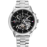 Tommy Hilfiger men's watch with silver stainless steel band, black skeleton dial, and chronograph features.