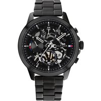 Black Tommy Hilfiger men's watch with a skeleton dial, black metal bracelet, and chronograph features.