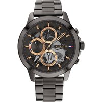 Black Tommy Hilfiger men's watch with gold accents, skeleton dial, and stainless steel bracelet.
