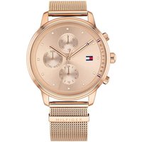 Rose gold Tommy Hilfiger chronograph ladies watch with mesh strap, three subdials, and logo on dial.