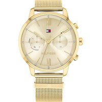Gold Tommy Hilfiger ladies watch with mesh strap, round dial, and logo on face.