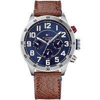 Tommy Hilfiger men's watch with blue dial, silver case, brown leather strap, and three subdials.
