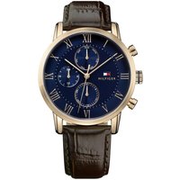 Brown leather men's watch with blue dial, gold-tone case, Roman numerals, and three subdials by Tommy Hilfiger.