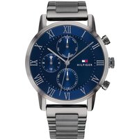 Tommy Hilfiger men's watch with blue dial, silver Roman numerals, three subdials, and stainless steel bracelet.