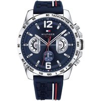 Tommy Hilfiger men's watch with navy dial, silver tachymeter bezel, and blue strap featuring red and white accents.