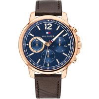 Gold-tone Tommy Hilfiger men's watch with blue dial, three subdials, and brown leather strap.