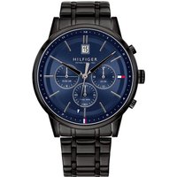 Black Tommy Hilfiger chronograph men's watch with blue dial, date display, and stainless steel bracelet.