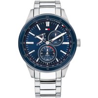 Tommy Hilfiger men's watch, blue dial, silver stainless steel band, subdials, and red accents.