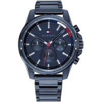 Tommy Hilfiger men's watch, black stainless steel band, blue dial, chronograph subdials, red second hand.