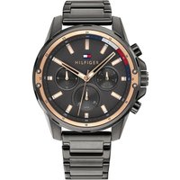 Tommy Hilfiger men's watch with black dial, gold accents, chronograph subdials, and stainless steel bracelet.