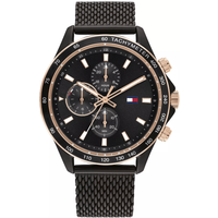 Black Tommy Hilfiger men's watch with rose gold accents, mesh strap, and chronograph dials on a black face.