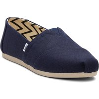 Navy cotton slip-on shoes with zigzag lining and beige sole, featuring TOMS logo tag.