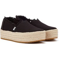 Black canvas espadrilles with frayed edges, thick woven jute platform, and rubber sole.