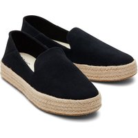 Black TOMS Carolina women's espadrilles with jute-wrapped platform sole and slip-on design.