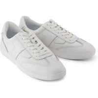 White leather trainers with lace-up design, textured sole, and subtle stitching details by TOMS.