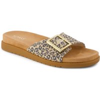 Beige TOMS Marin slide sandal with leopard print strap and gold buckle, size 4.