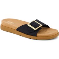 Black TOMS Marin slide sandal with tan sole, single wide strap, and gold buckle, size 4.