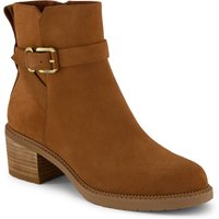 Amber brown leather ankle boots with buckle detail and block heel.
