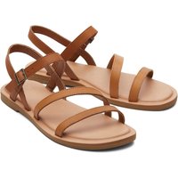 Tan leather women's sandals with three straps and adjustable ankle buckle by TOMS.