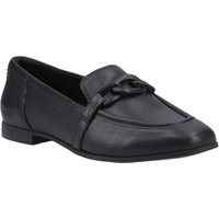 Black leather women's loafers by TOMS with a chain detail on the front and a low heel.