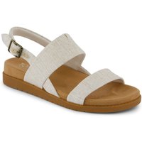 Natural textile women's sandals with two straps, adjustable ankle buckle, and tan sole by TOMS.