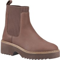 Oak brown leather heeled ankle boots with ribbed elastic sides and chunky sole by TOMS.