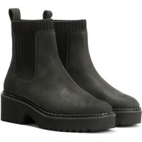 Black nubuck leather women's boots with chunky sole, ribbed elastic sides, and pull tabs at the back.