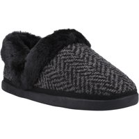Black TOMS Oslo women's slippers with herringbone pattern and faux fur lining.