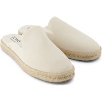Light sand leather mules with closed toe, slip-on design, and braided jute sole by TOMS.