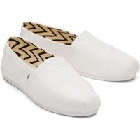 White TOMS Women's Alpargata Shoes with canvas upper, slip-on design, and zigzag patterned inner lining.
