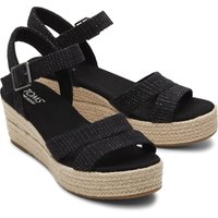 Black TOMS Audrey Espadrille sandals with woven straps, adjustable ankle buckle, and jute-wrapped wedge heel.
