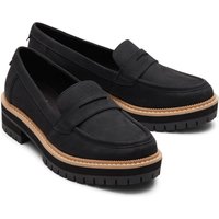Black TOMS Women's Cara Loafer with chunky sole, tan trim, and penny strap detail.