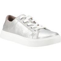 Champagne-colored TOMS women's trainer with metallic finish, white laces, and white rubber sole.