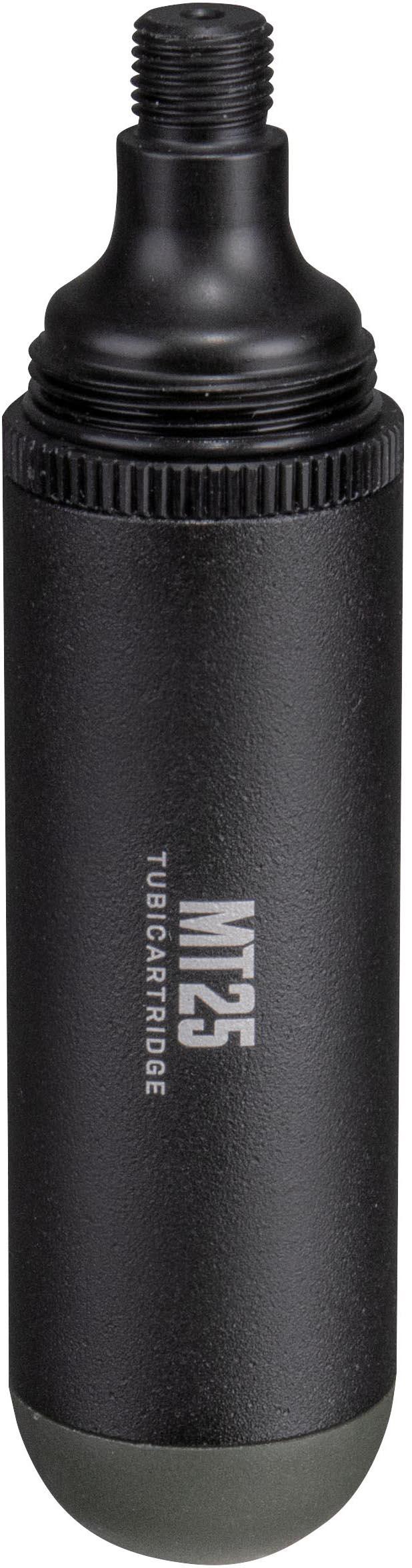 Black cylindrical Topeak Tubi Cartridge MT25 Storage Box with threaded top and white branding.