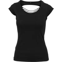 Black women’s T-shirt with a torn back design, short sleeves, and a round neckline by Build Your Brand.