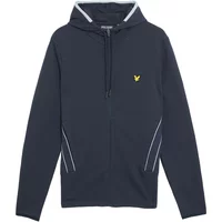 Navy track jacket with white stripes, hood, and yellow Lyle & Scott logo on chest.