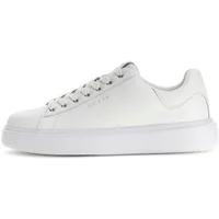 White Guess Pravi trainers with low-top design, lace-up closure, and embossed logo on the side.