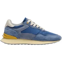 Blue and gray Hoff City Retro trainers with white laces, yellow heel accent, and beige sole.